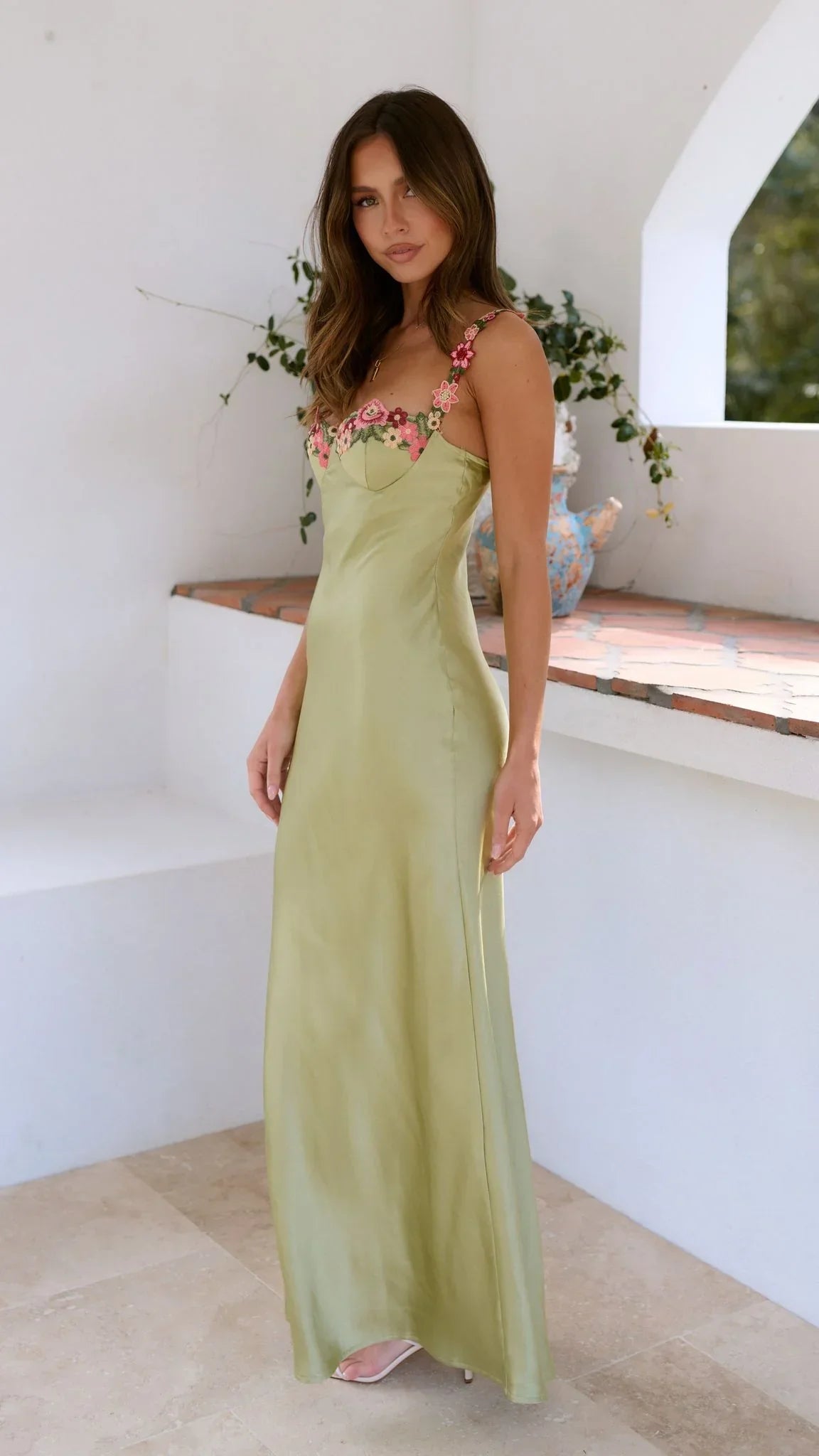 Groene dames zomerjurk maxi met roze bloemenprint