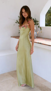 Groene dames zomerjurk maxi met roze bloemenprint