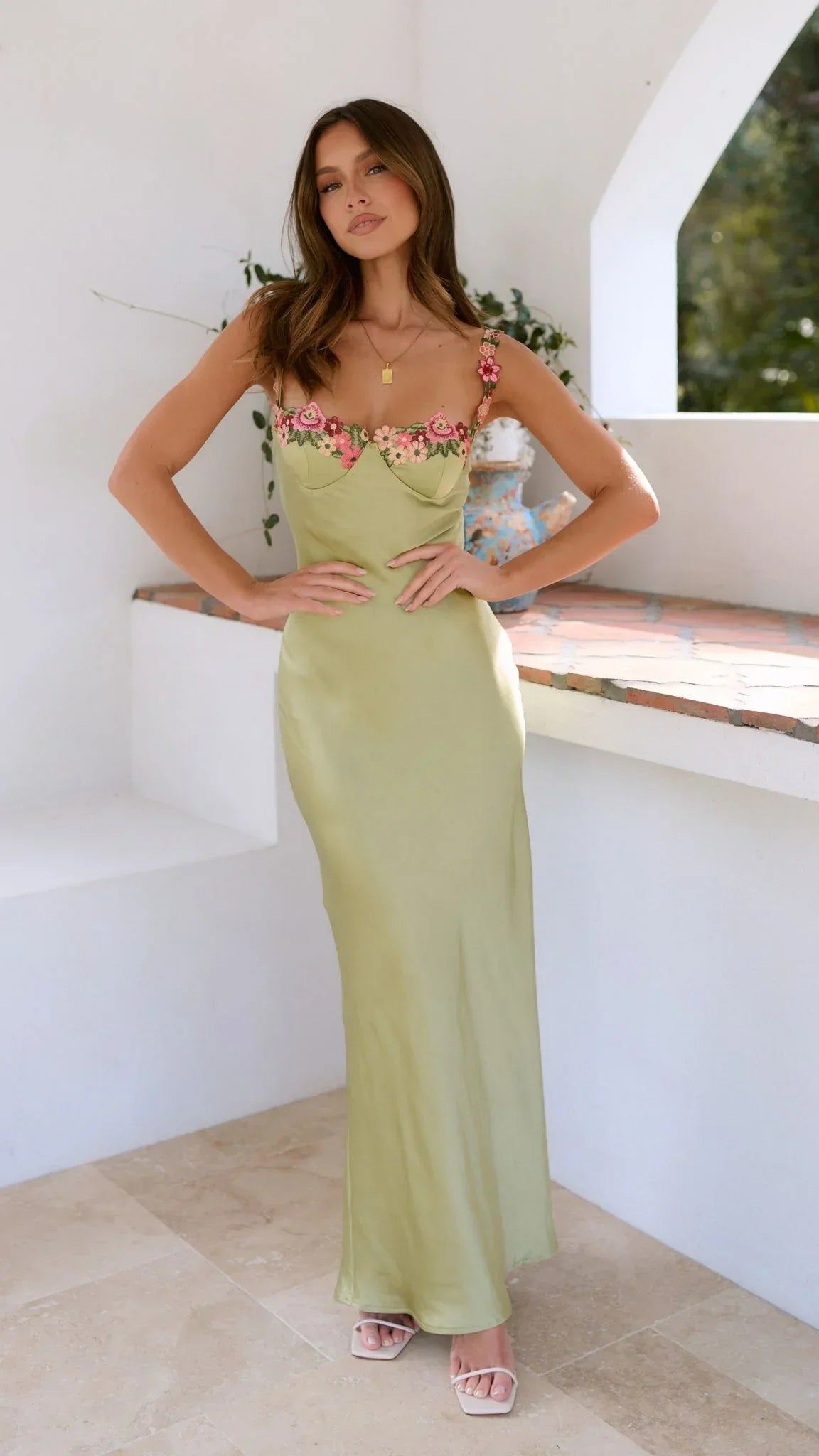Groene dames zomerjurk maxi met roze bloemenprint