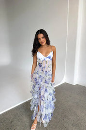 Dames zomerjurk maxi wit blauw gebloemd met corset