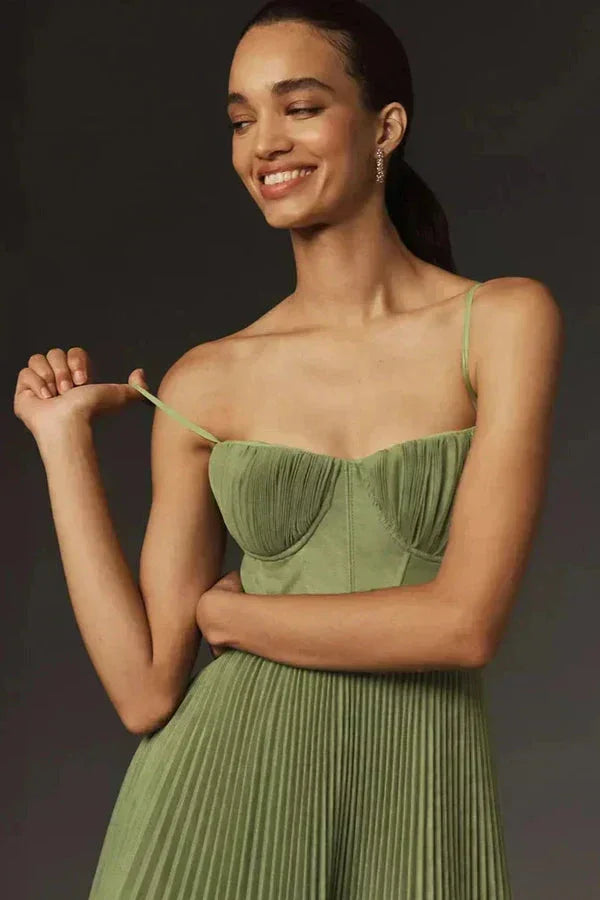 Dames groene zomerjurk midi geplisseerd met bandjes