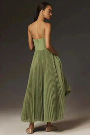 Dames groene zomerjurk midi geplisseerd met bandjes