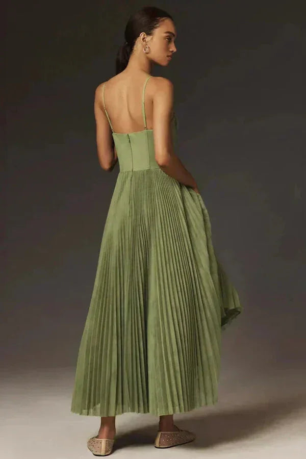 Dames groene zomerjurk midi geplisseerd met bandjes