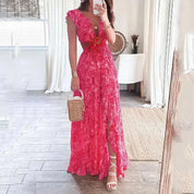 Dames zomerjurk split maxi | Bloemenprint en V-hals met open taille en rug