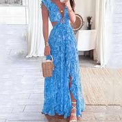 Dames zomerjurk split maxi | Bloemenprint en V-hals met open taille en rug