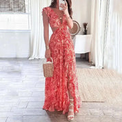 Dames zomerjurk split maxi | Bloemenprint en V-hals met open taille en rug