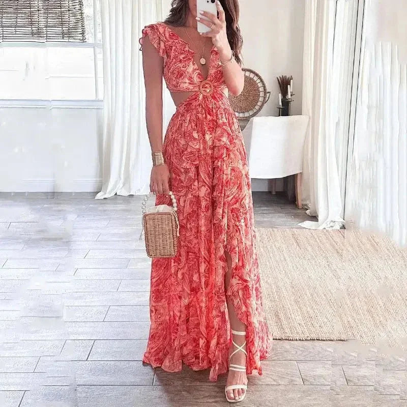 Dames zomerjurk split maxi | Bloemenprint en V-hals met open taille en rug