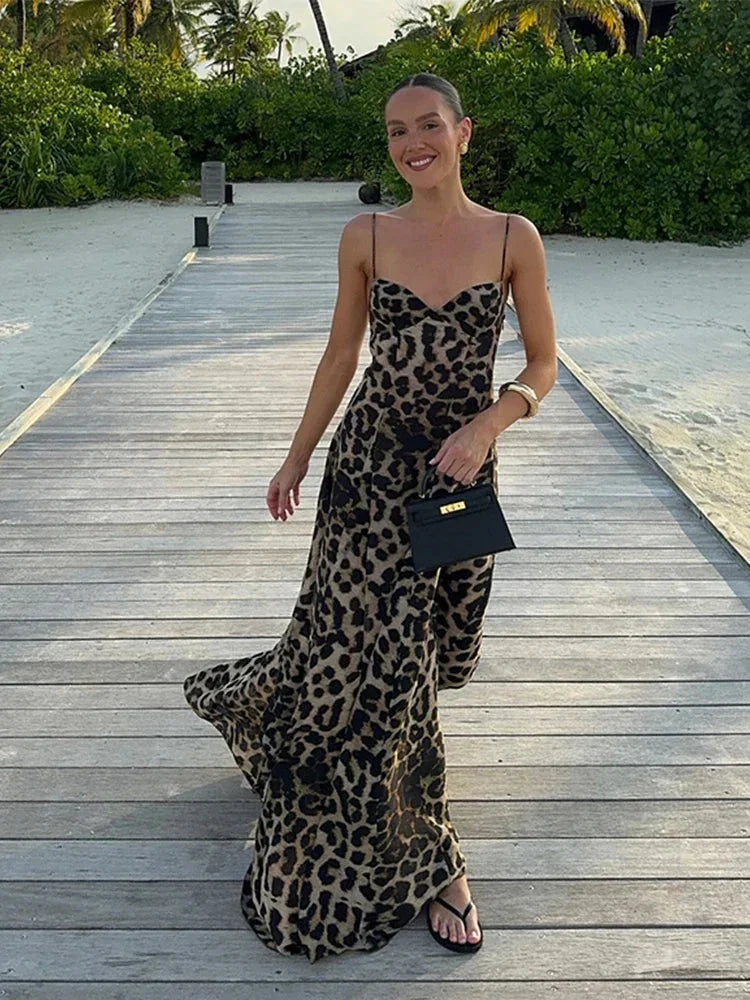 Dames zomerjurk leopard lang met dunne bandjes
