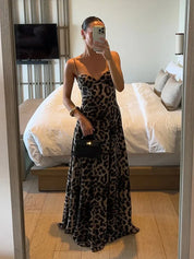 Dames zomerjurk leopard lang met dunne bandjes