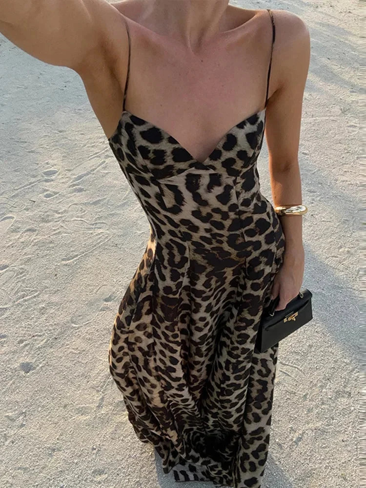 Dames zomerjurk leopard lang met dunne bandjes