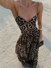 Dames zomerjurk leopard lang met dunne bandjes