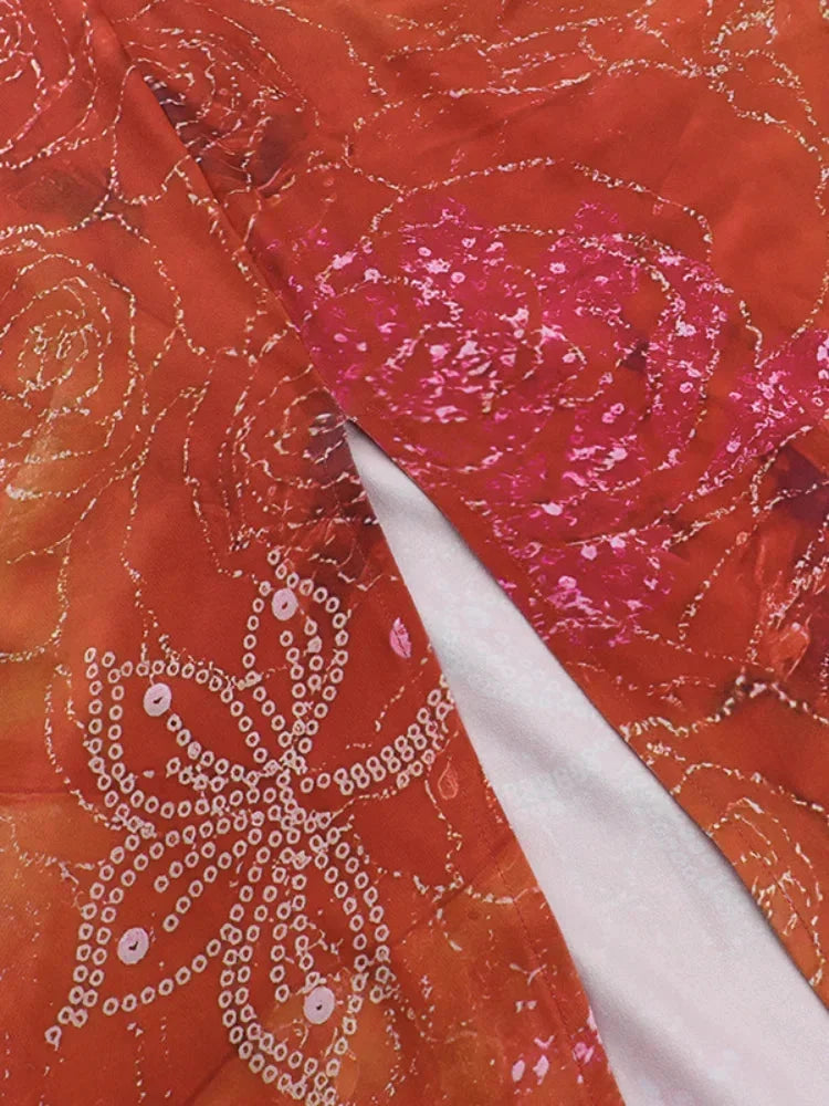 Rode zomerjurk dames - Lang met open rug en bloemenprint