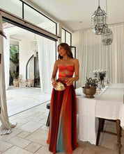 Dames zomerjurk lang strapless rood met blauw