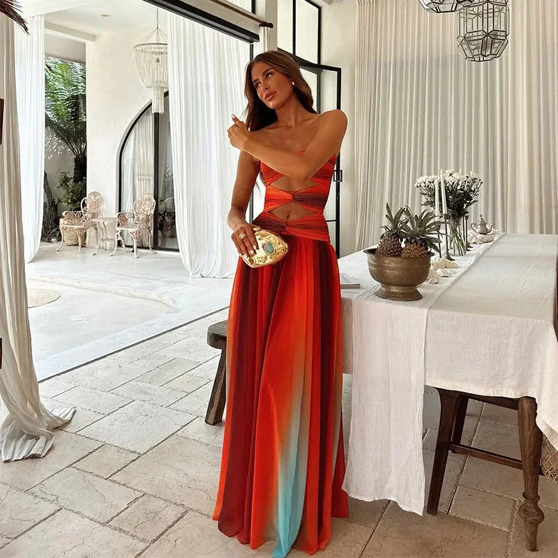 Dames zomerjurk lang strapless rood met blauw