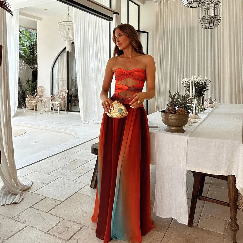 Dames zomerjurk lang strapless rood met blauw