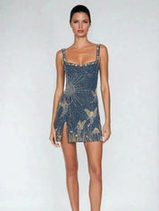 Dames mini feestjurk blauw met bandjes en gouden details