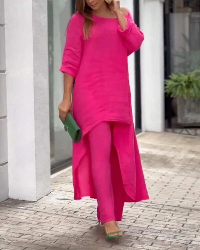 Women's summer set with maxi top and wide trousers - Off-shoulder
