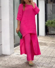 Women's summer set with maxi top and wide trousers - Off-shoulder