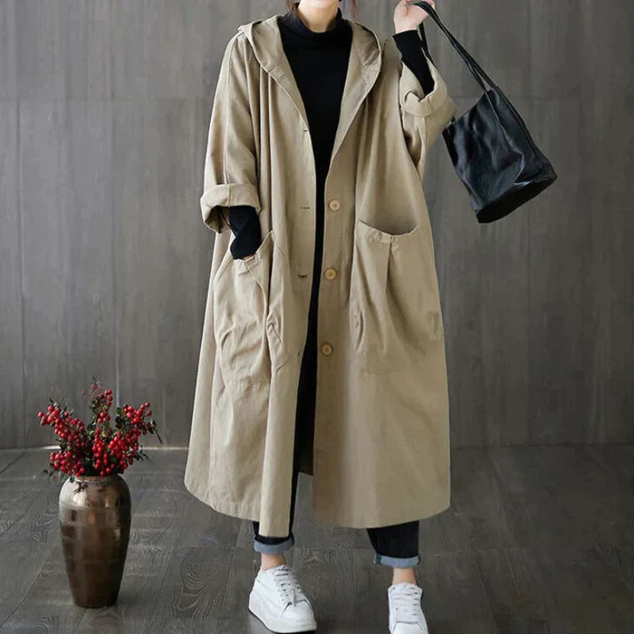 Dames jas | Oversized trenchcoat met capuchon en knoopsluiting
