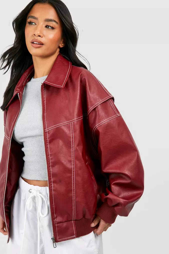 Oversized Jack Dames met Brede Kraag | Bomber Pasvorm en Contrasterende Stiksels