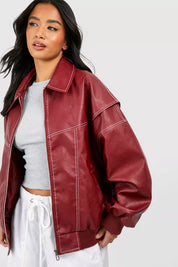 Oversized Jack Dames met Brede Kraag | Bomber Pasvorm en Contrasterende Stiksels