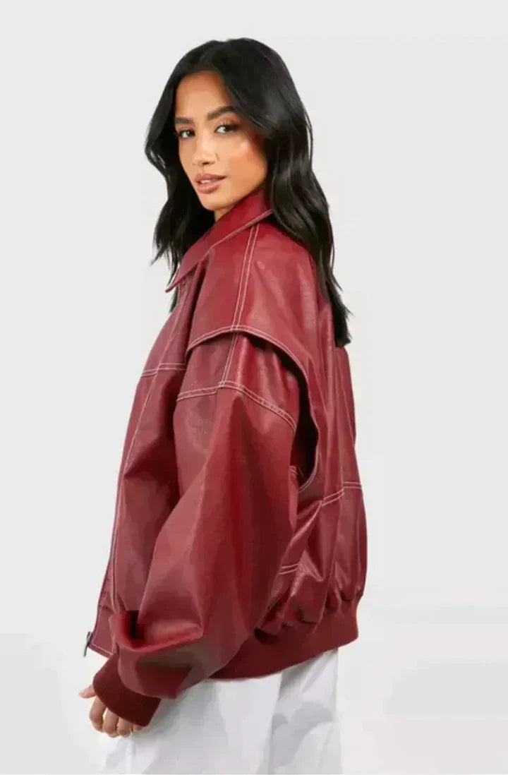 Oversized Jack Dames met Brede Kraag | Bomber Pasvorm en Contrasterende Stiksels