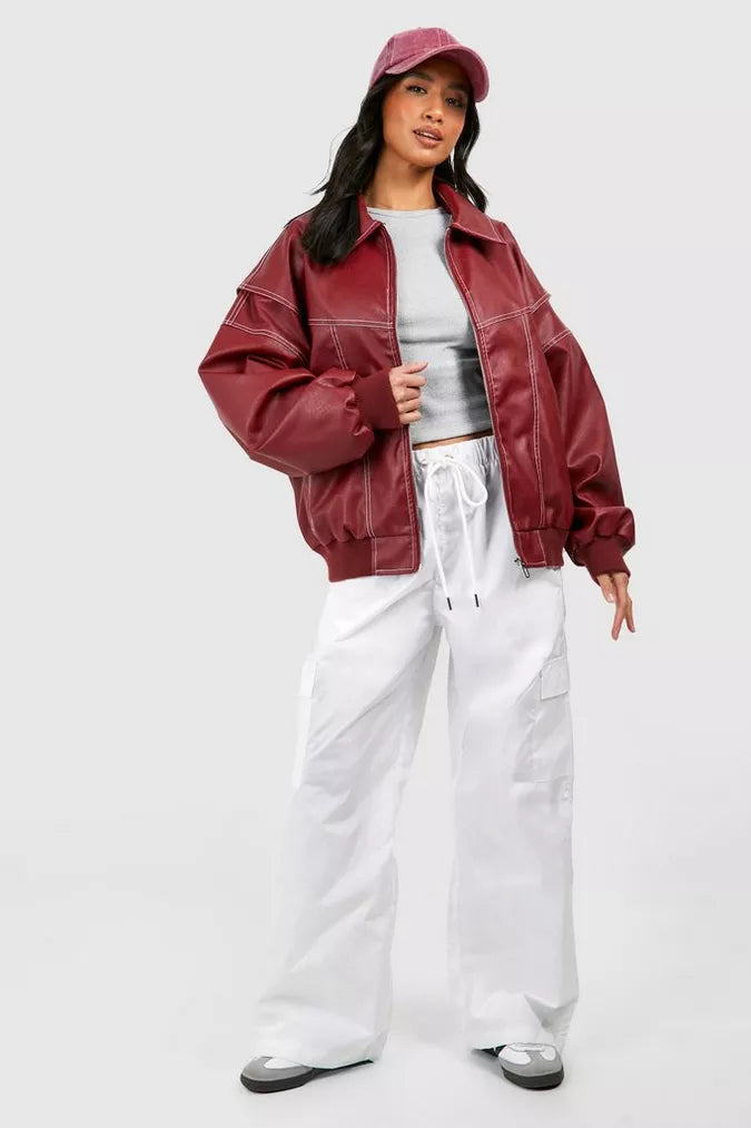 Oversized Jack Dames met Brede Kraag | Bomber Pasvorm en Contrasterende Stiksels
