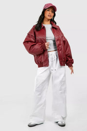 Oversized Jack Dames met Brede Kraag | Bomber Pasvorm en Contrasterende Stiksels