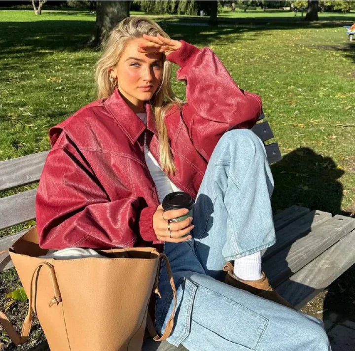 Oversized Jack Dames met Brede Kraag | Bomber Pasvorm en Contrasterende Stiksels
