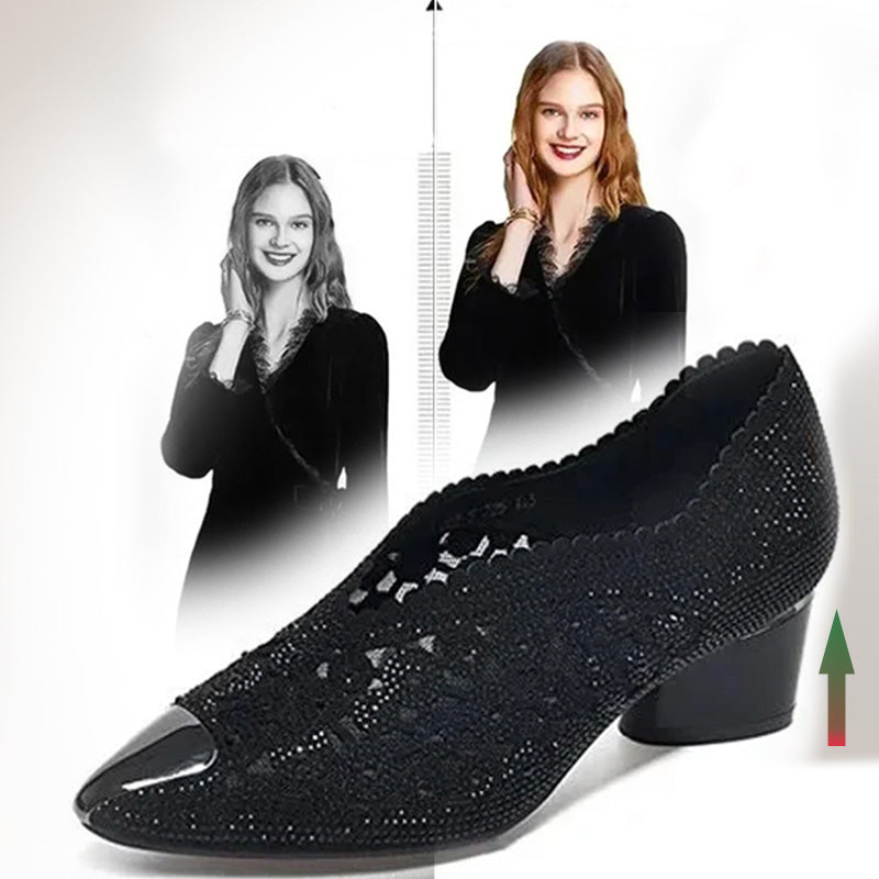 Dames Instapschoen Mesh met Strass Steentjes | Blokhak en Gesloten Neus