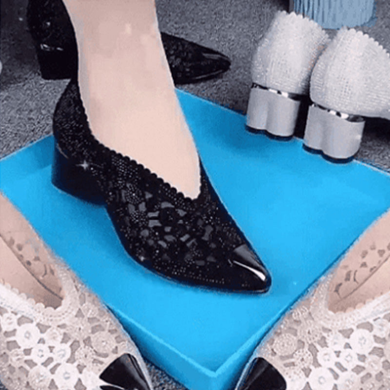 Dames Instapschoen Mesh met Strass Steentjes | Blokhak en Gesloten Neus