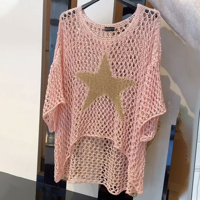 Dames zomertop met sterrenprint en ronde hals
