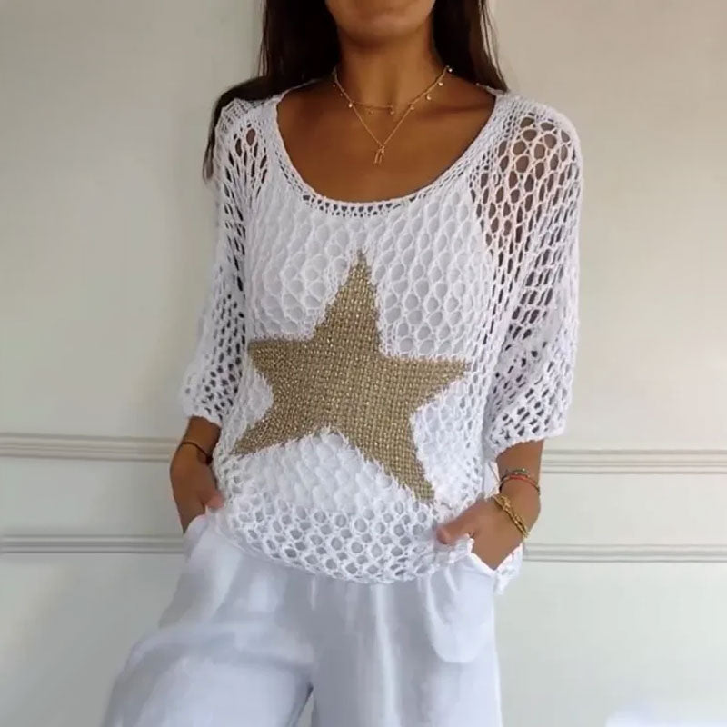 Dames zomertop met sterrenprint en ronde hals