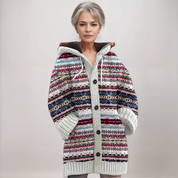 Lange en gebreide cardigan met knoopsluiting dames | Kleurrijk patroon