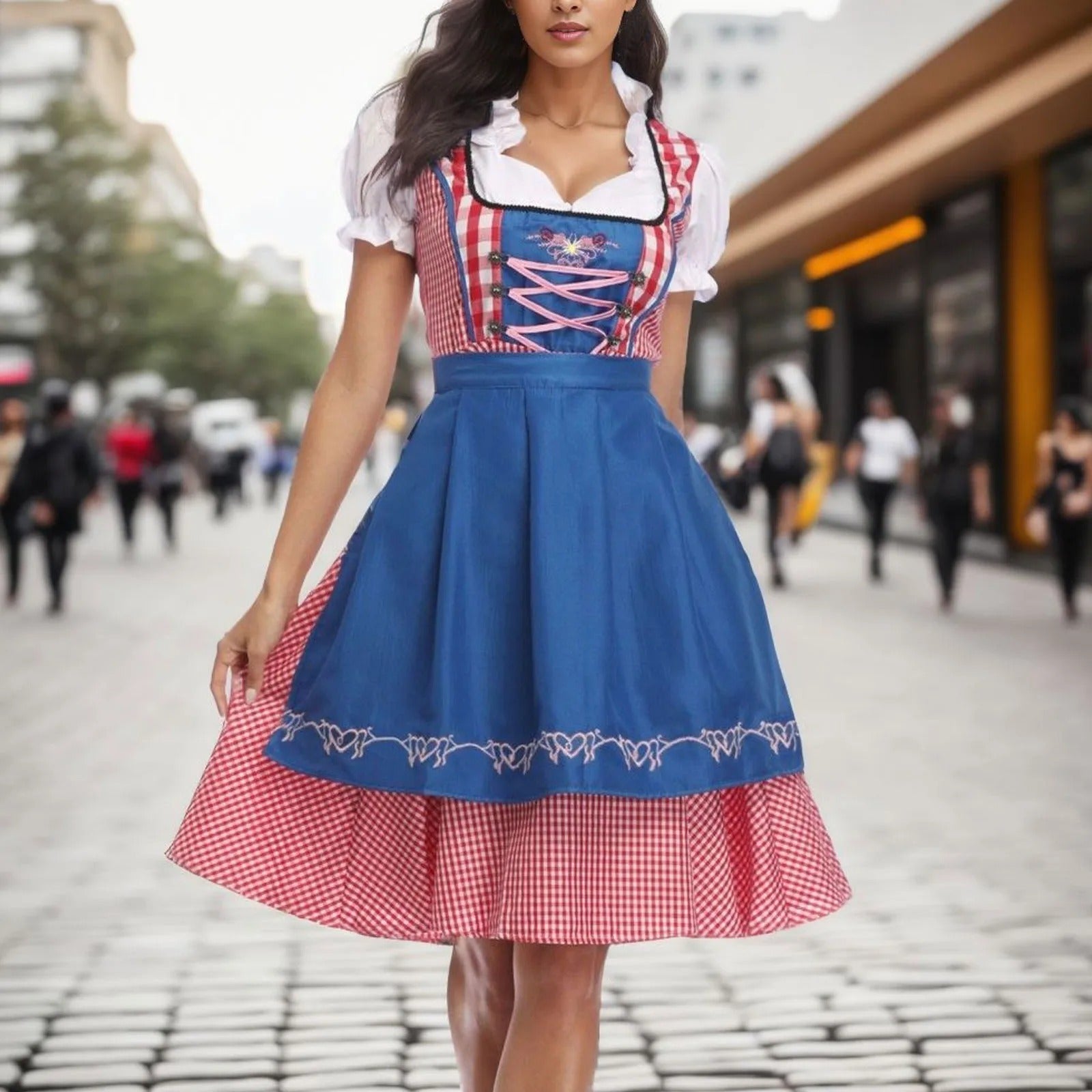 Dames traditionele dirndl met geruit patroon