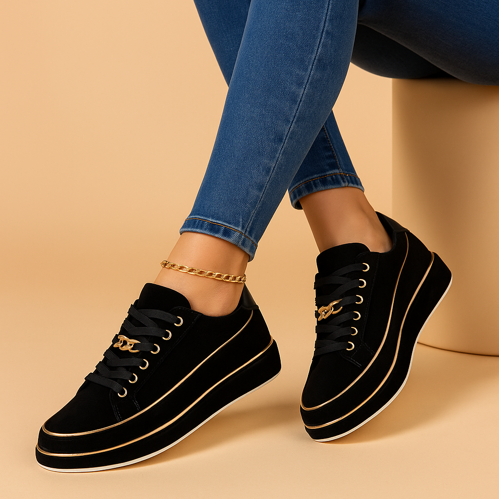 Dames sneakers met gouden details | Lage sneakers met veters en sieraccent