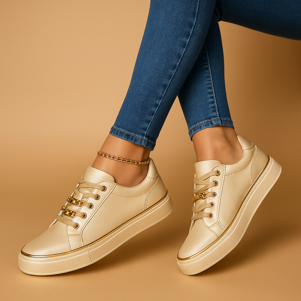 Dames sneakers met gouden details | Lage sneakers met veters en sieraccent