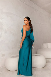 Elegante Dames Galajurk One-Shoulder met Hoge Split – Glanzende Avondjurk Groen