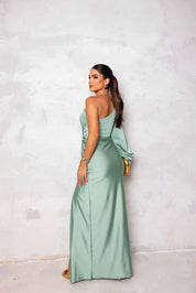 Elegante Dames Galajurk One-Shoulder met Hoge Split – Glanzende Avondjurk Groen