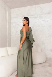 Elegante Dames Galajurk One-Shoulder met Hoge Split – Glanzende Avondjurk Groen