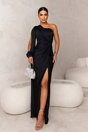 Elegante Dames Galajurk One-Shoulder met Hoge Split – Glanzende Avondjurk Groen